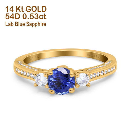 14K Yellow Gold 1.37ct Round Three Stone Vintage 6mm G SI Nano Blue Sapphire Diamond Engagement Wedding Ring Size 6.5