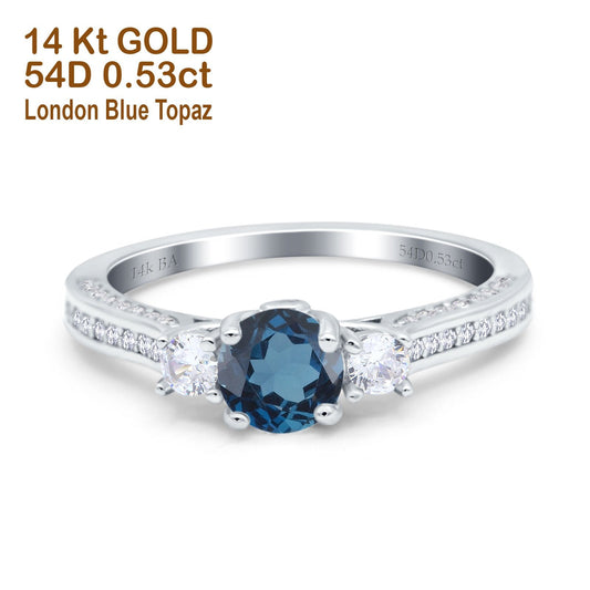 14K White Gold 1.37ct Round Three Stone Vintage 6mm G SI London Blue Topaz Diamond Engagement Wedding Ring Size 6.5