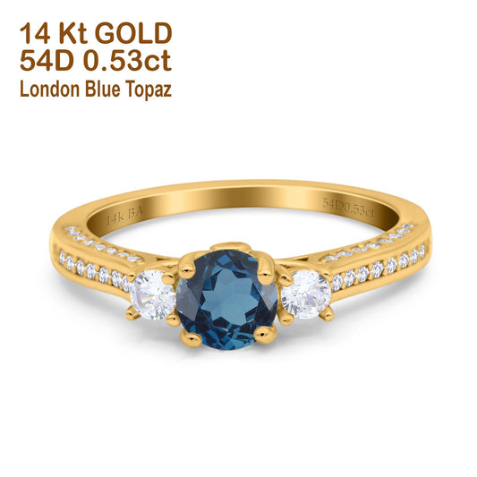 14K Yellow Gold 1.37ct Round Three Stone Vintage 6mm G SI London Blue Topaz Diamond Engagement Wedding Ring Size 6.5