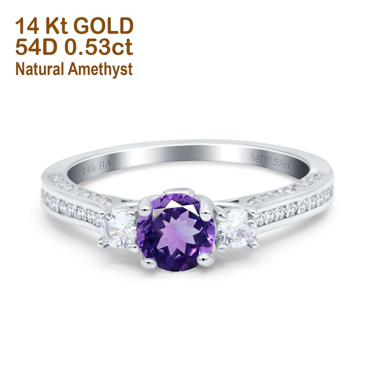 14K White Gold 1.37ct Round Three Stone Vintage 6mm G SI Natural Amethyst Diamond Engagement Wedding Ring Size 6.5