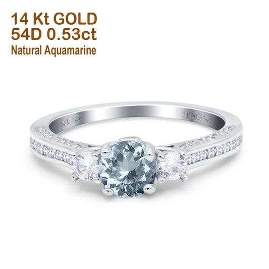 14K White Gold 1.37ct Round Three Stone Vintage 6mm G SI Natural Aquamarine Diamond Engagement Wedding Ring Size 6.5