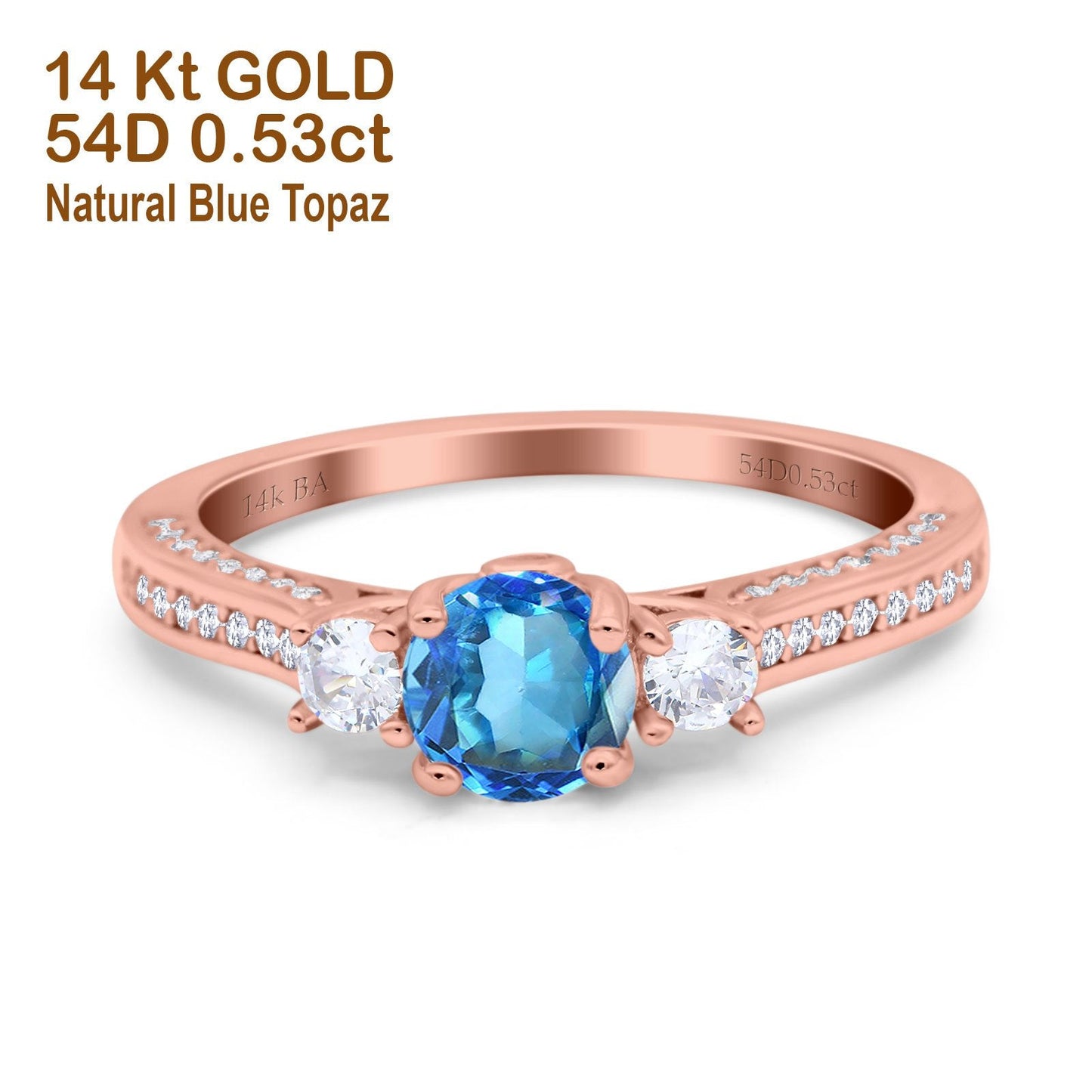 14K Rose Gold 1.37ct Round Three Stone Vintage 6mm G SI Natural Blue Topaz Diamond Engagement Wedding Ring Size 6.5