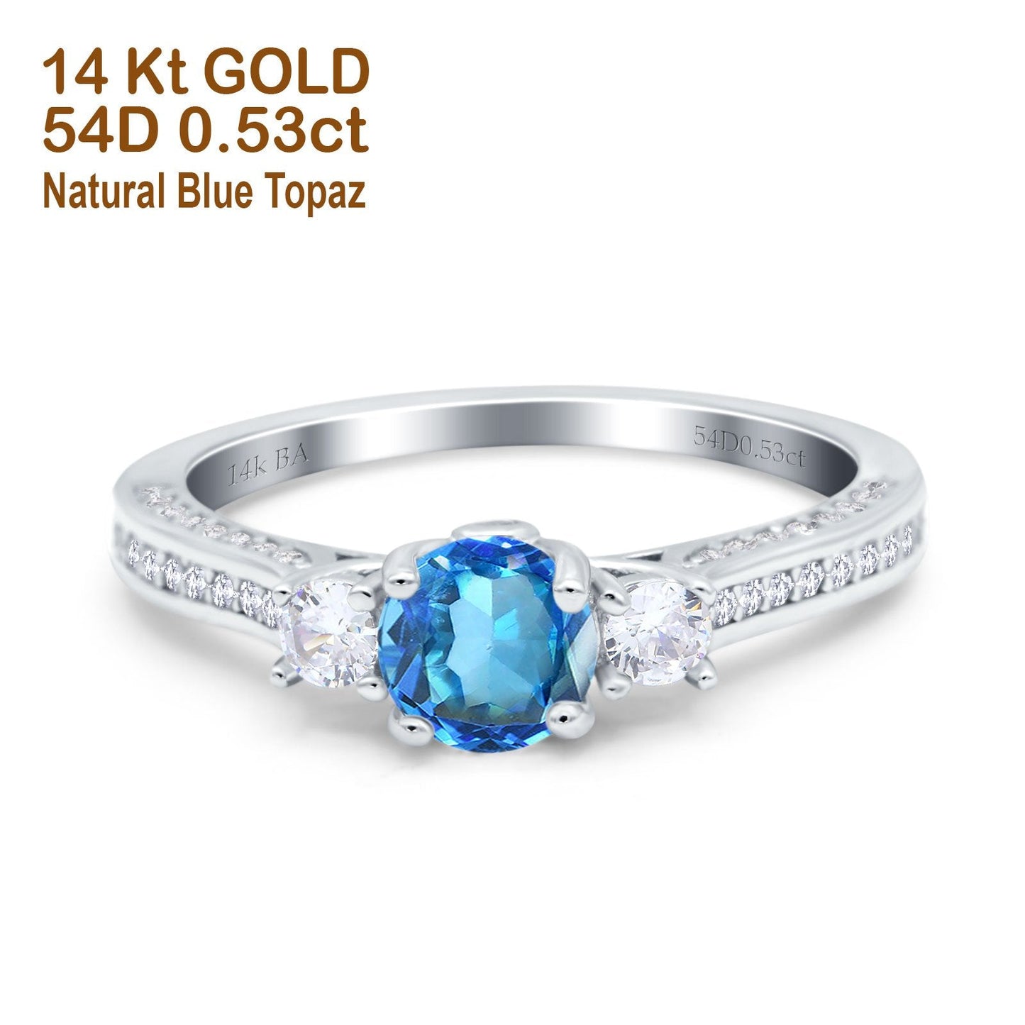 14K White Gold 1.37ct Round Three Stone Vintage 6mm G SI Natural Blue Topaz Diamond Engagement Wedding Ring Size 6.5