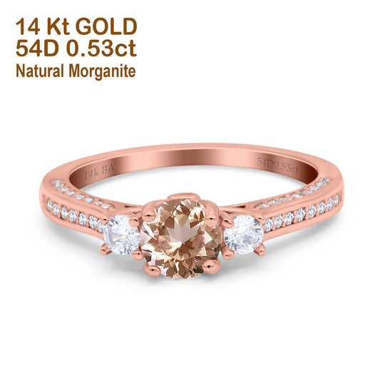 14K Rose Gold 1.37ct Round Three Stone Vintage 6mm G SI Natural Morganite Diamond Engagement Wedding Ring Size 6.5