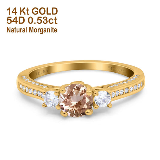 14K Yellow Gold 1.37ct Round Three Stone Vintage 6mm G SI Natural Morganite Diamond Engagement Wedding Ring Size 6.5