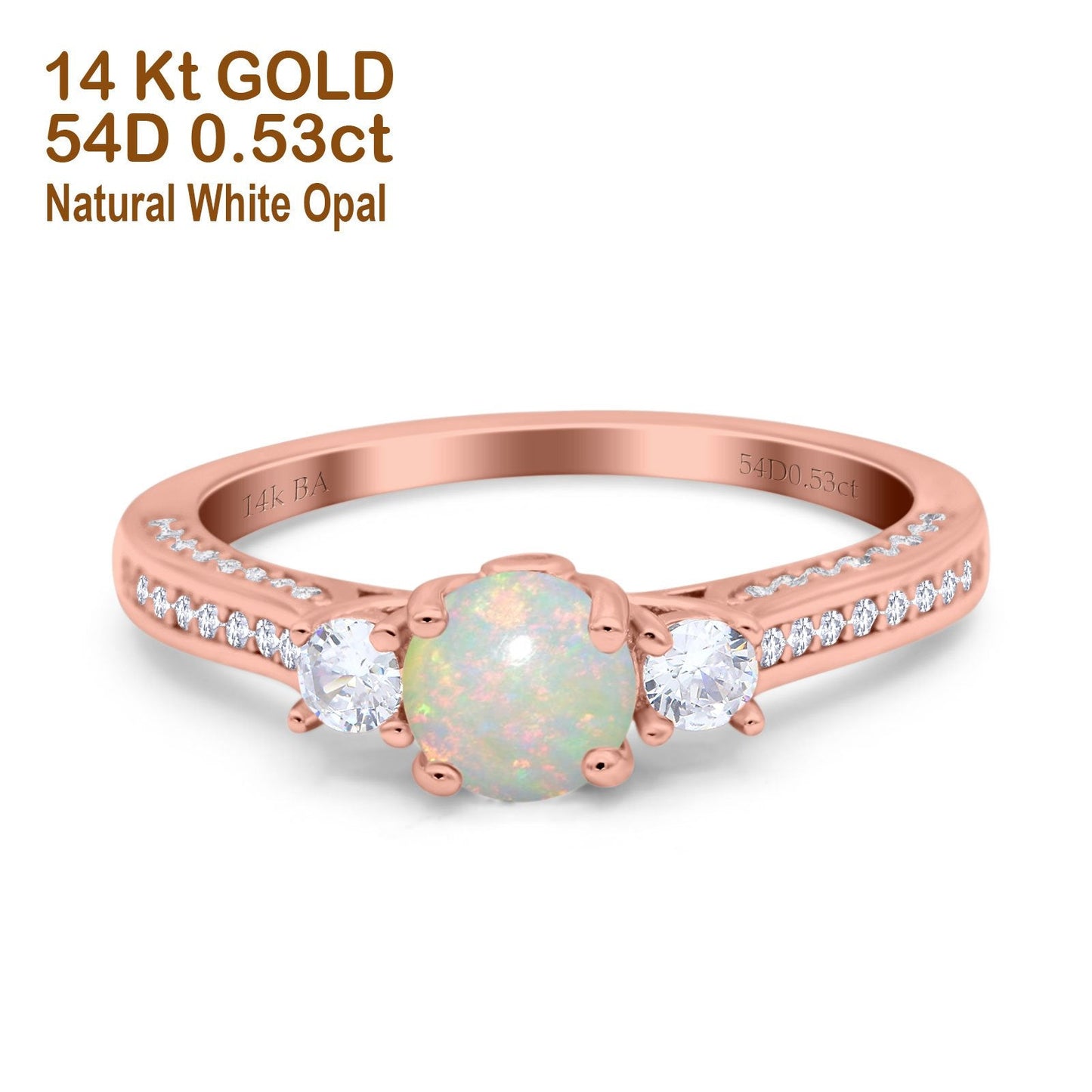 14K Rose Gold 0.53ct Round Three Stone Vintage 6mm G SI Natural White Opal Diamond Engagement Wedding Ring Size 6.5