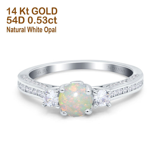 14K White Gold 0.53ct Round Three Stone Vintage 6mm G SI Natural White Opal Diamond Engagement Wedding Ring Size 6.5