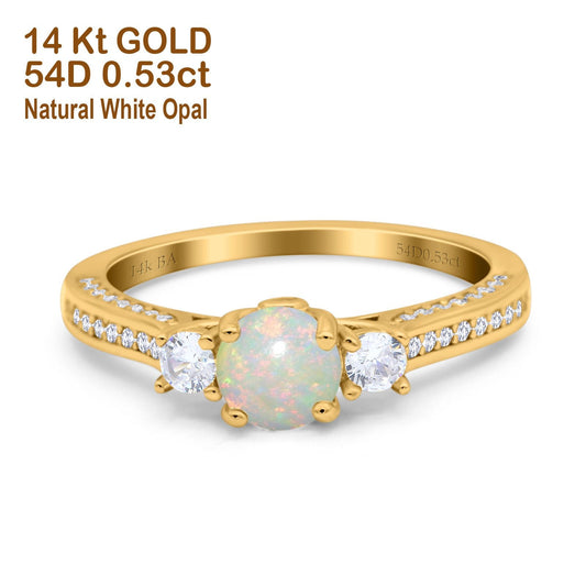 14K Yellow Gold 0.53ct Round Three Stone Vintage 6mm G SI Natural White Opal Diamond Engagement Wedding Ring Size 6.5