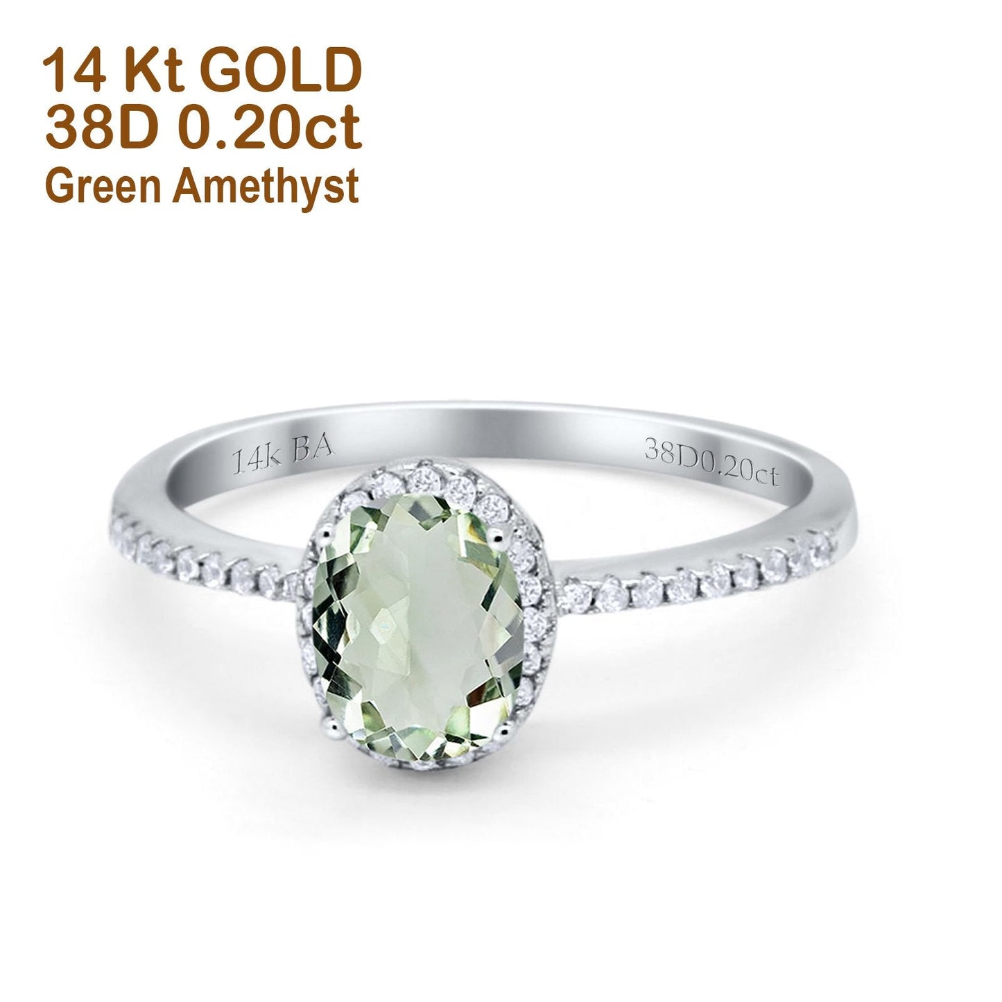 14K White Gold 1.41ct Oval 8mmx6mm Fashion Accent G SI Natural Green Amethyst Diamond Engagement Wedding Ring Size 6.5