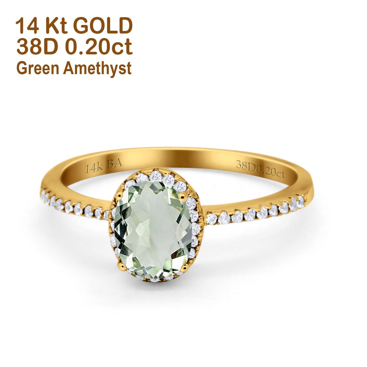 14K Yellow Gold 1.41ct Oval 8mmx6mm Fashion Accent G SI Natural Green Amethyst Diamond Engagement Wedding Ring Size 6.5