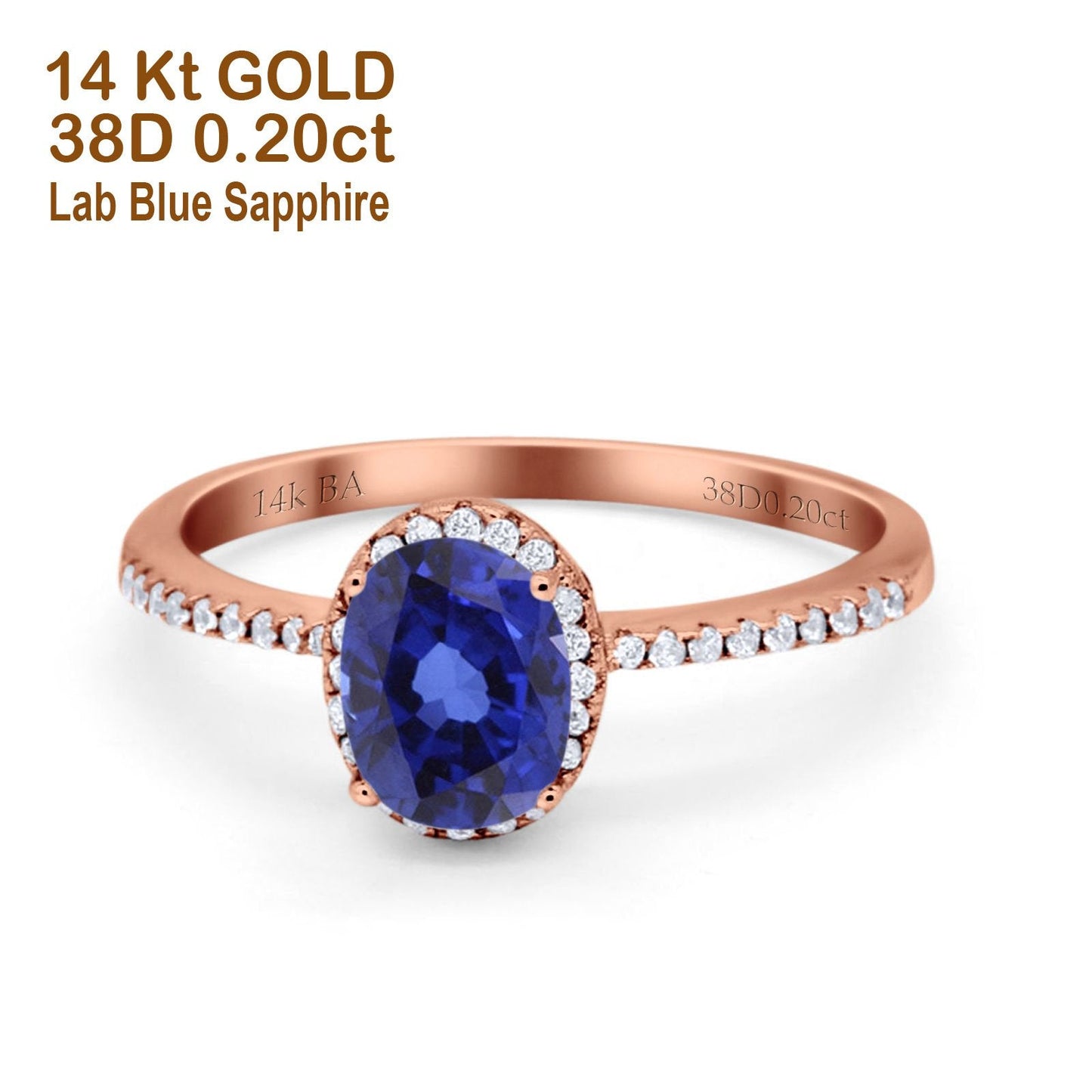 14K Rose Gold 1.41ct Oval 8mmx6mm Fashion Accent G SI Nano Blue Sapphire Diamond Engagement Wedding Ring Size 6.5