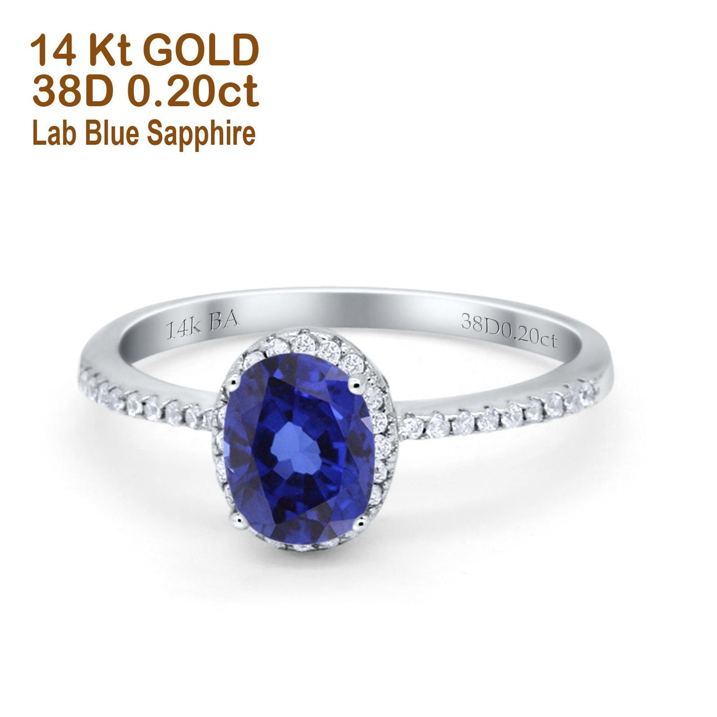 14K White Gold 1.41ct Oval 8mmx6mm Fashion Accent G SI Nano Blue Sapphire Diamond Engagement Wedding Ring Size 6.5