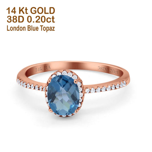 14K Rose Gold 1.41ct Oval 8mmx6mm Fashion Accent G SI London Blue Topaz Diamond Engagement Wedding Ring Size 6.5