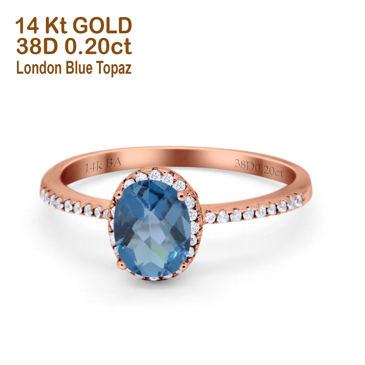 14K Rose Gold 1.41ct Oval 8mmx6mm Fashion Accent G SI London Blue Topaz Diamond Engagement Wedding Ring Size 6.5