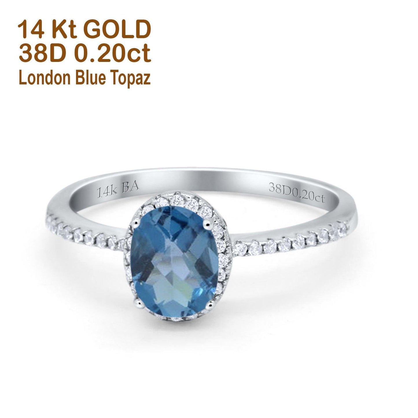 14K White Gold 1.41ct Oval 8mmx6mm Fashion Accent G SI London Blue Topaz Diamond Engagement Wedding Ring Size 6.5