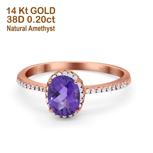 14K Rose Gold 1.41ct Oval 8mmx6mm Fashion Accent G SI Natural Amethyst Diamond Engagement Wedding Ring Size 6.5