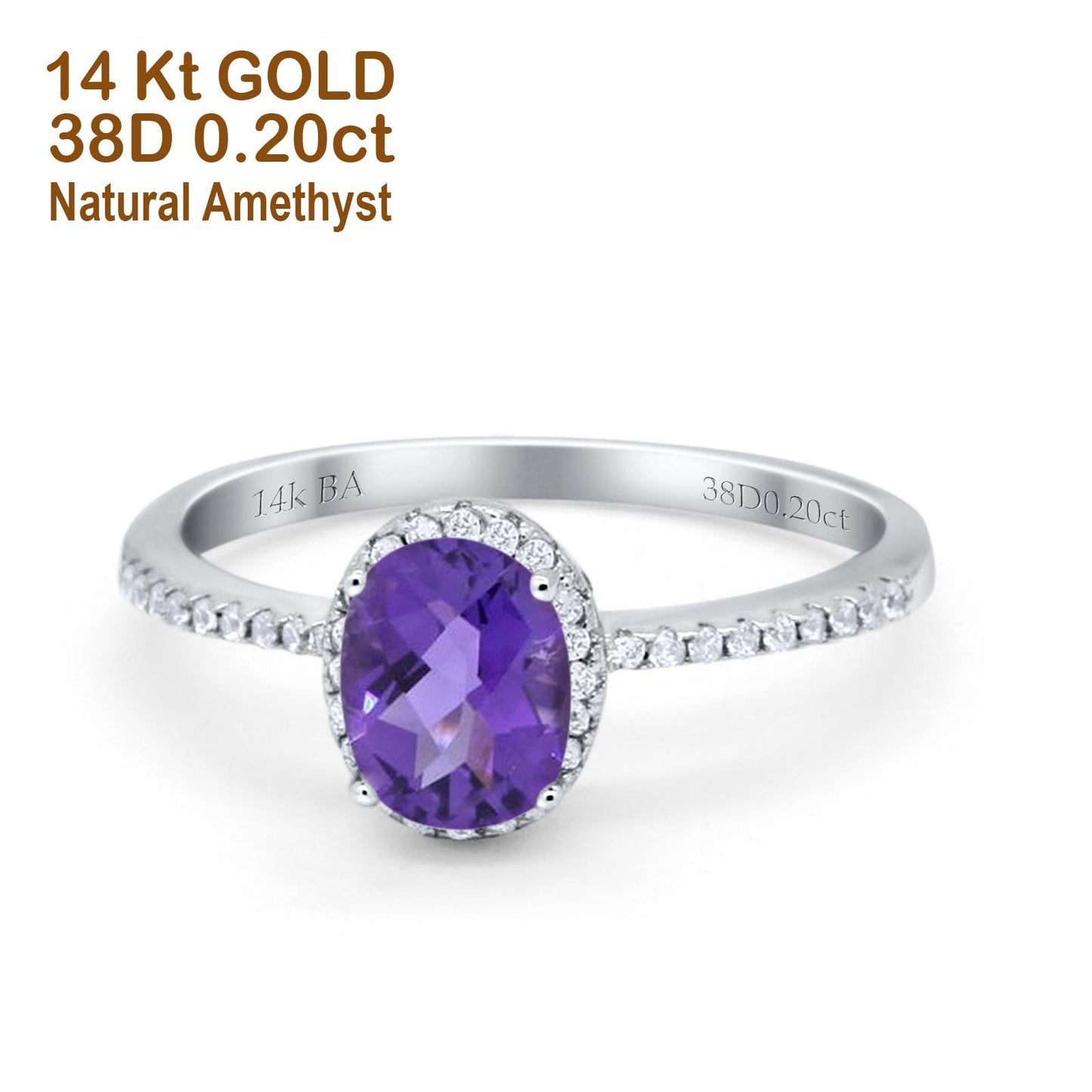 14K White Gold 1.41ct Oval 8mmx6mm Fashion Accent G SI Natural Amethyst Diamond Engagement Wedding Ring Size 6.5