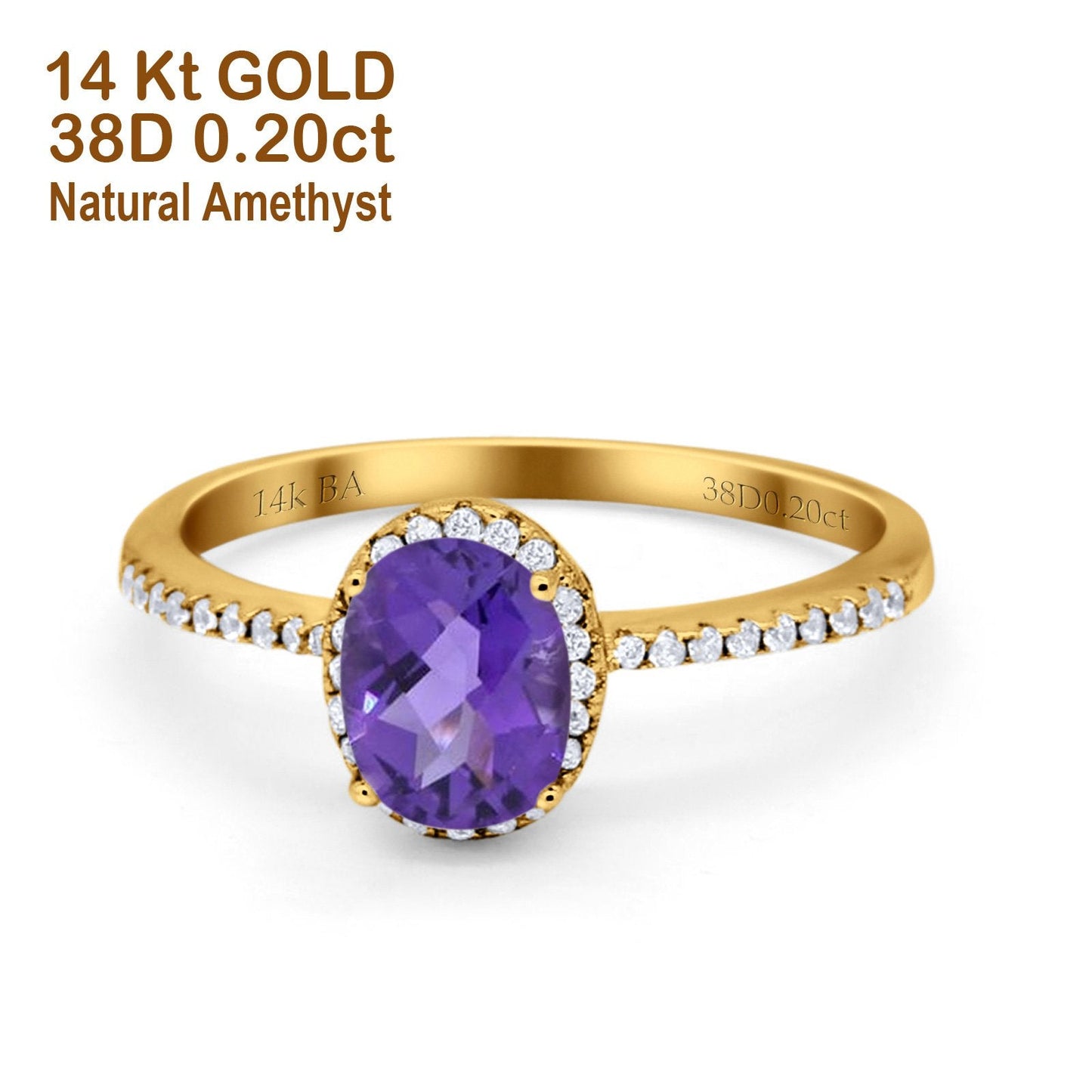 14K Yellow Gold 1.41ct Oval 8mmx6mm Fashion Accent G SI Natural Amethyst Diamond Engagement Wedding Ring Size 6.5