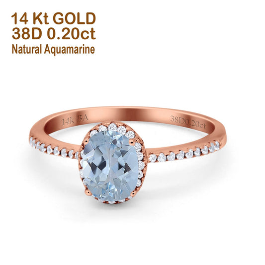 14K Rose Gold 1.41ct Oval 8mmx6mm Fashion Accent G SI Natural Aquamarine Diamond Engagement Wedding Ring Size 6.5