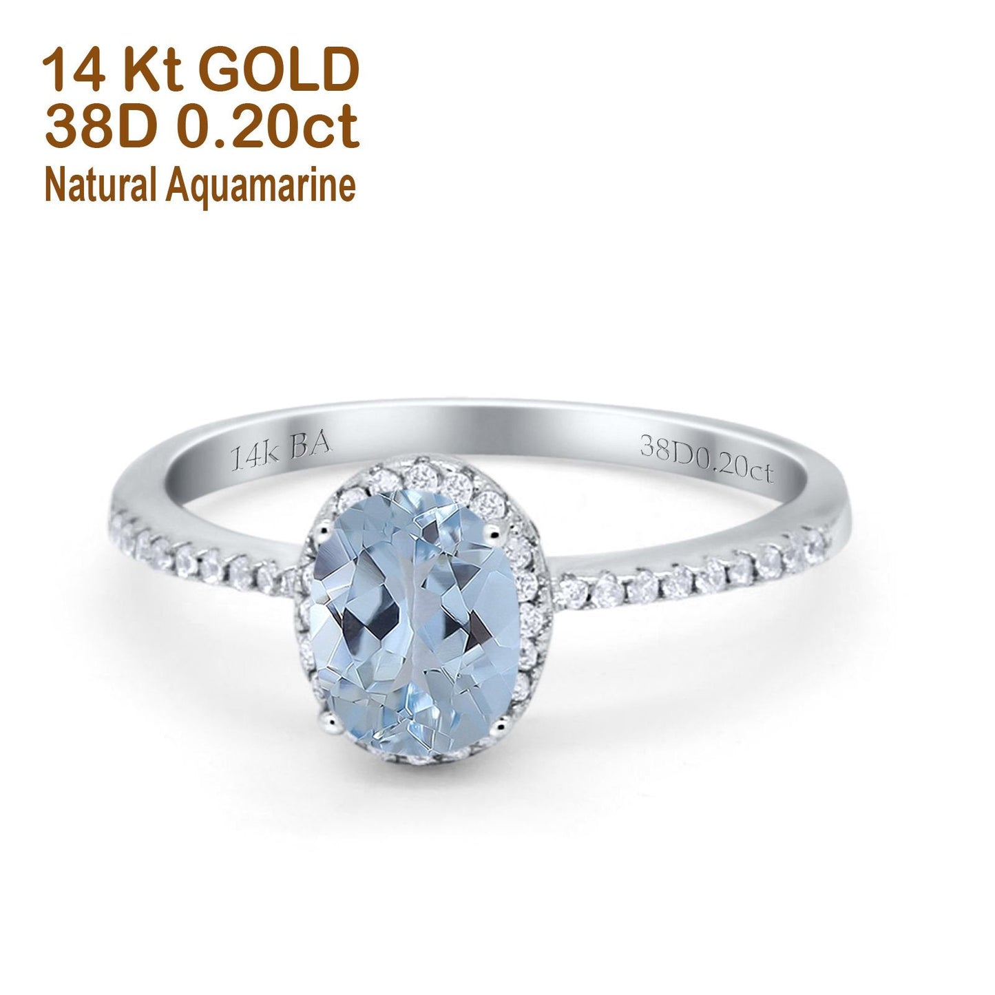 14K White Gold 1.41ct Oval 8mmx6mm Fashion Accent G SI Natural Aquamarine Diamond Engagement Wedding Ring Size 6.5