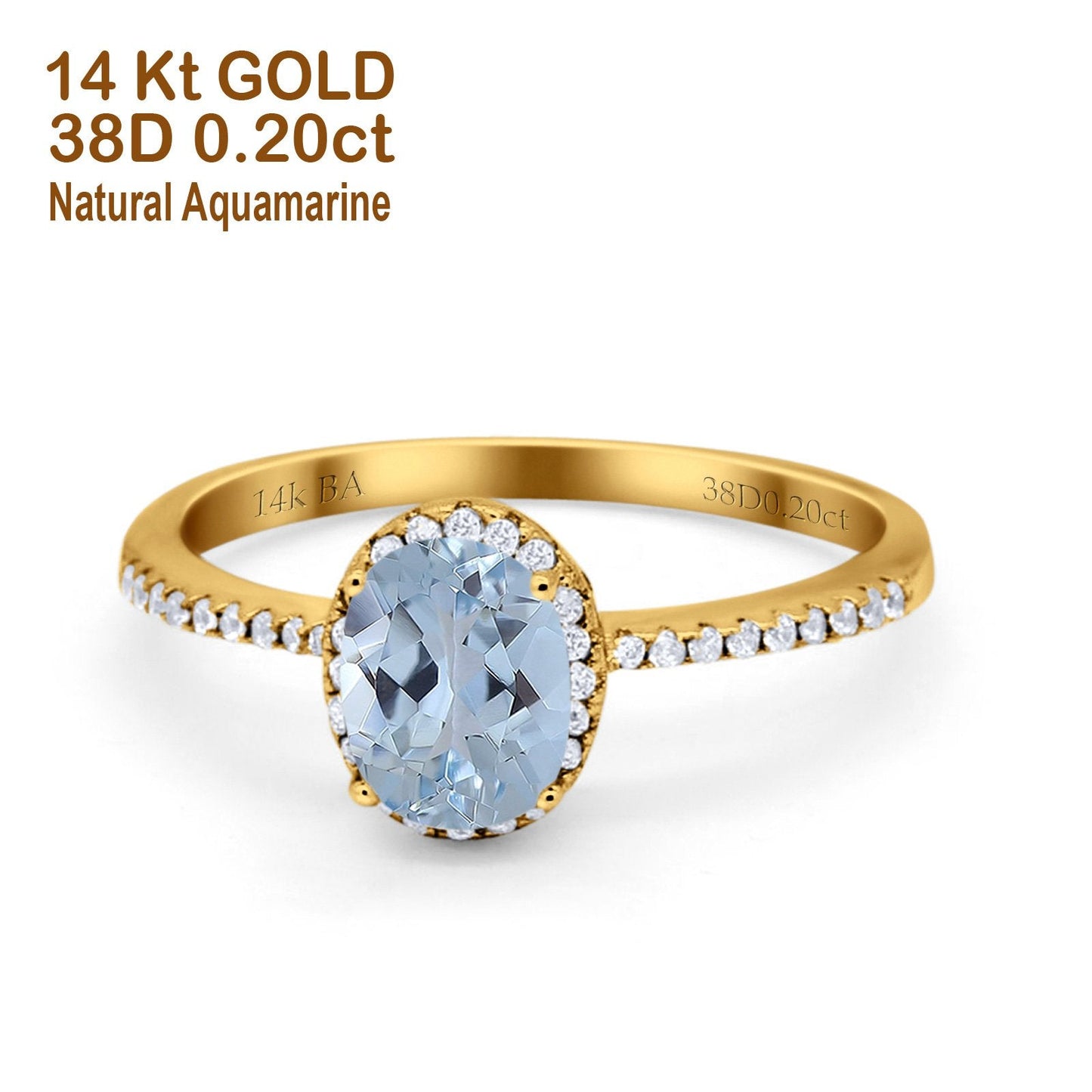 14K Yellow Gold 1.41ct Oval 8mmx6mm Fashion Accent G SI Natural Aquamarine Diamond Engagement Wedding Ring Size 6.5