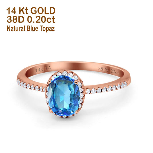 14K Rose Gold 1.41ct Oval 8mmx6mm Fashion Accent G SI Natural Blue Topaz Diamond Engagement Wedding Ring Size 6.5