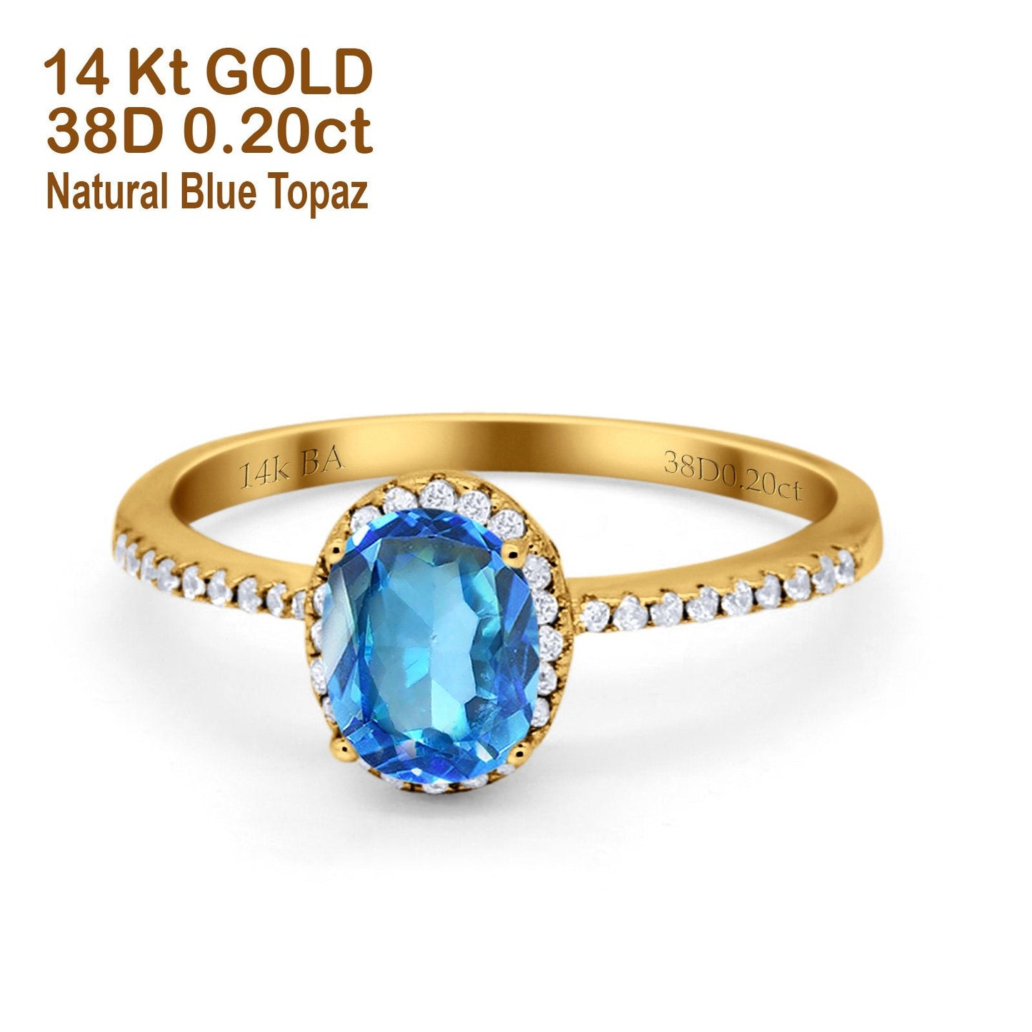 14K Yellow Gold 1.41ct Oval 8mmx6mm Fashion Accent G SI Natural Blue Topaz Diamond Engagement Wedding Ring Size 6.5