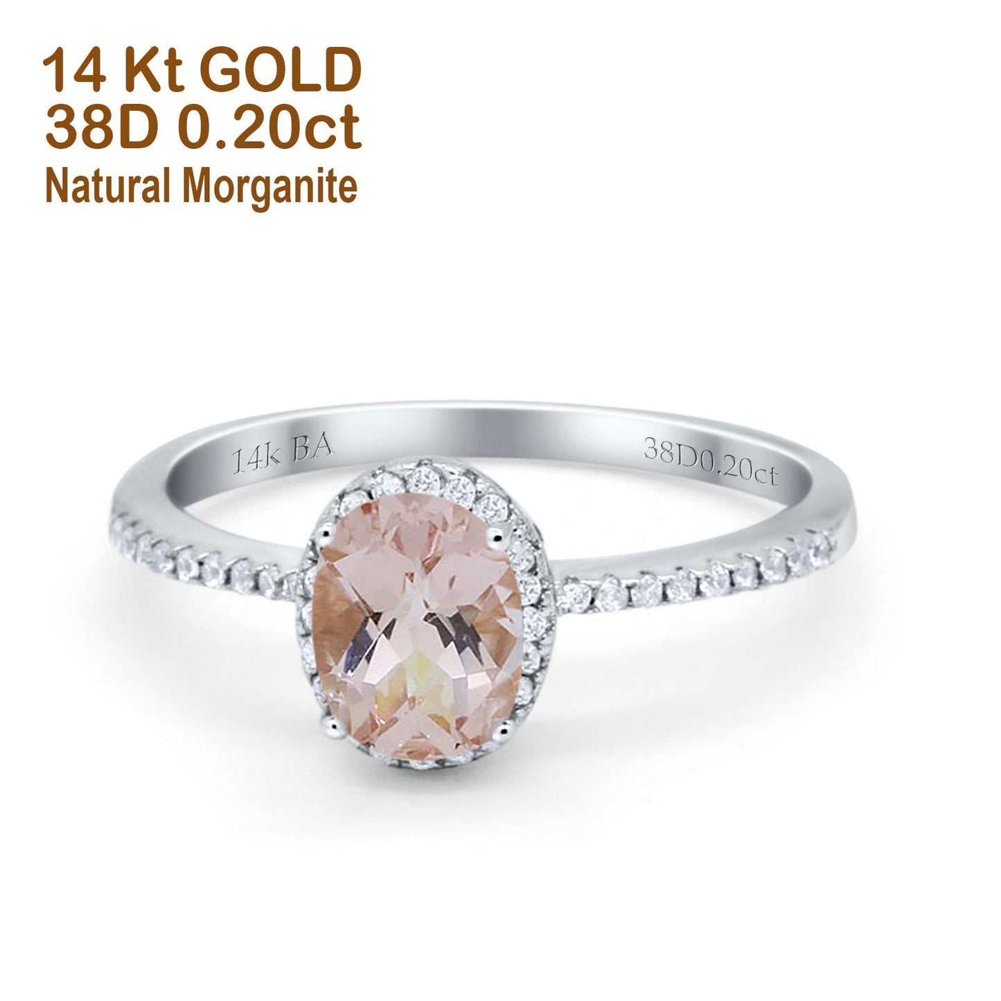 14K White Gold 1.41ct Oval 8mmx6mm Fashion Accent G SI Natural Morganite Diamond Engagement Wedding Ring Size 6.5