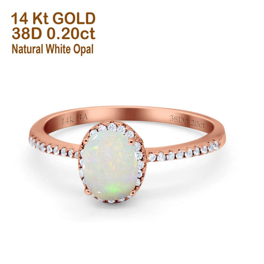 14K Rose Gold 0.20ct Oval 8mmx6mm Fashion Accent G SI Natural White Opal Diamond Engagement Wedding Ring Size 6.5