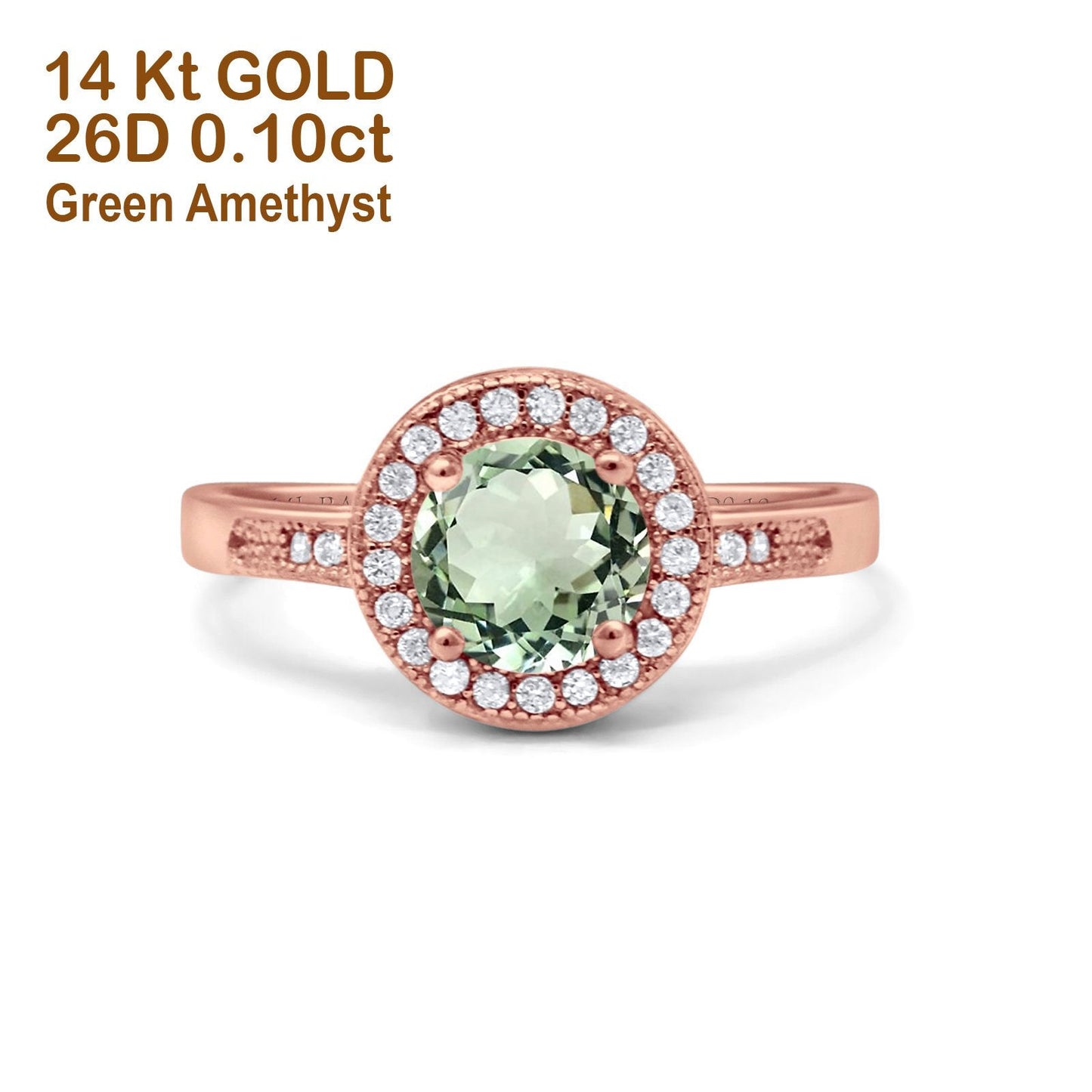 14K Rose Gold 0.94ct Round Art Deco 6mm G SI Natural Green Amethyst Diamond Engagement Wedding Ring Size 6.5