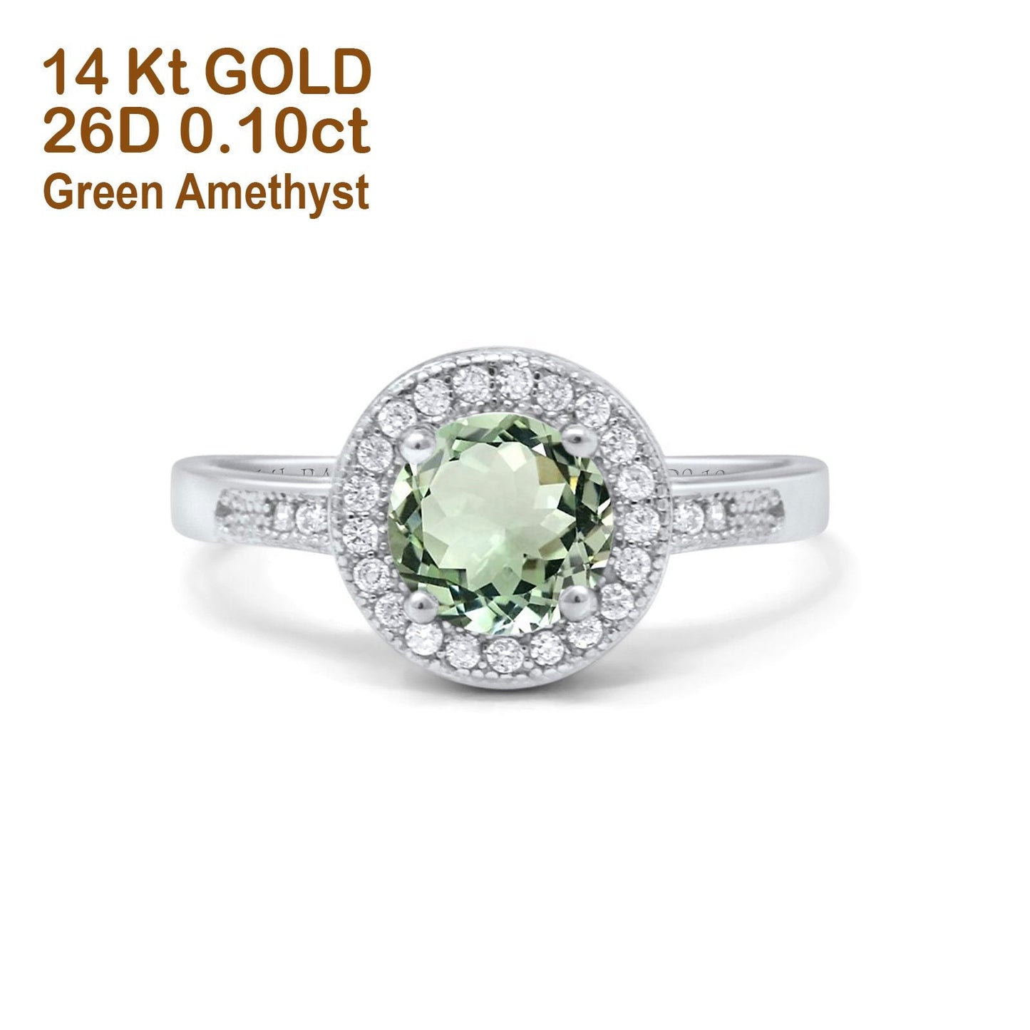 14K White Gold 0.94ct Round Art Deco 6mm G SI Natural Green Amethyst Diamond Engagement Wedding Ring Size 6.5