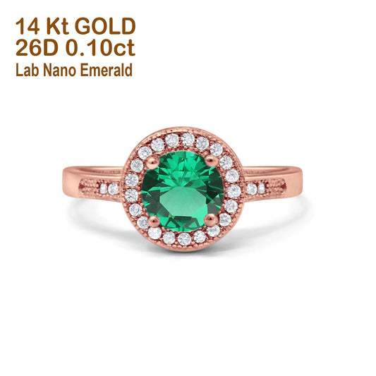 14K Rose Gold 0.94ct Round Art Deco 6mm G SI Nano Emerald Diamond Engagement Wedding Ring Size 6.5