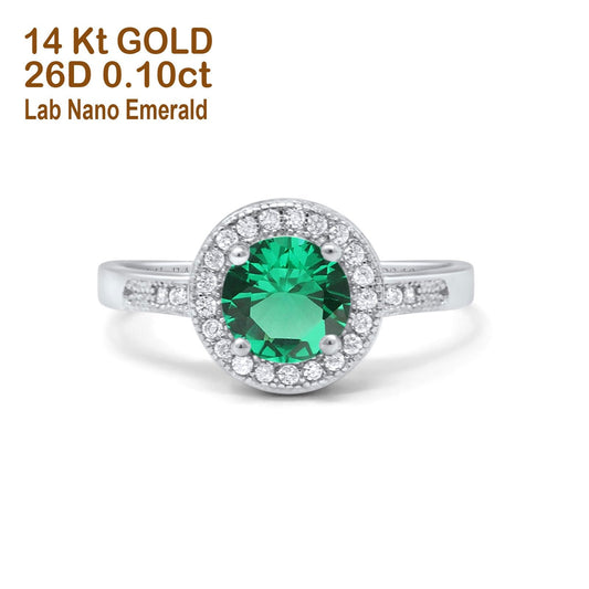 14K White Gold 0.94ct Round Art Deco 6mm G SI Nano Emerald Diamond Engagement Wedding Ring Size 6.5