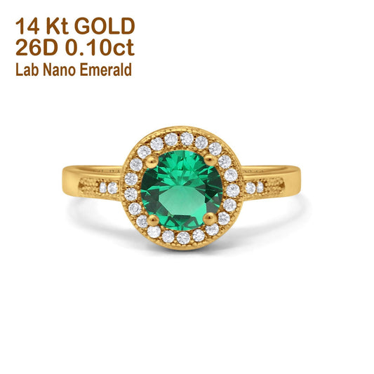 14K Yellow Gold 0.94ct Round Art Deco 6mm G SI Nano Emerald Diamond Engagement Wedding Ring Size 6.5