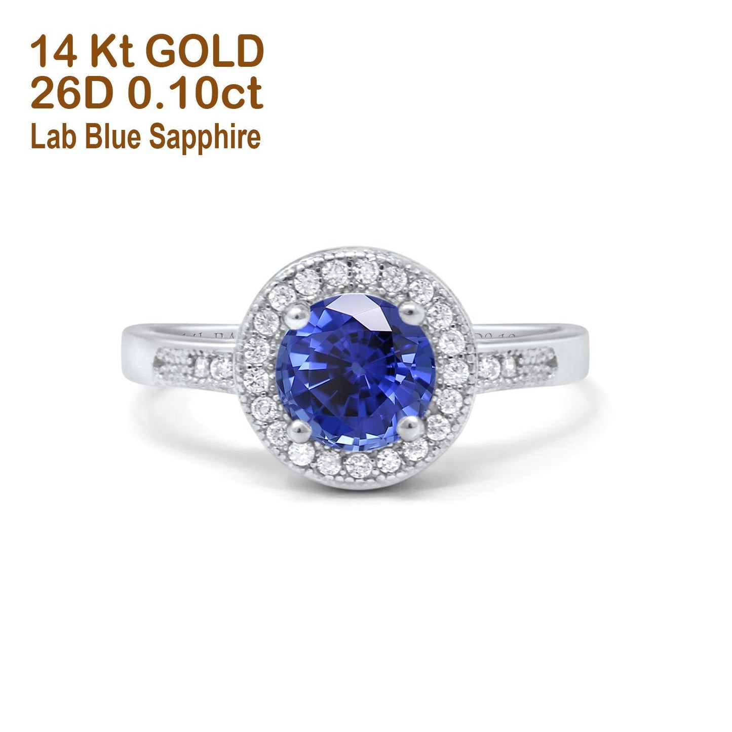 14K White Gold 0.94ct Round Art Deco 6mm G SI Nano Blue Sapphire Diamond Engagement Wedding Ring Size 6.5