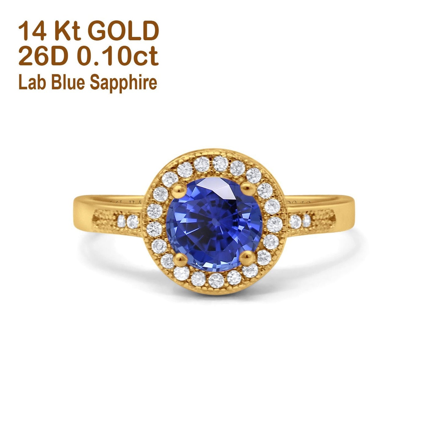 14K Yellow Gold 0.94ct Round Art Deco 6mm G SI Nano Blue Sapphire Diamond Engagement Wedding Ring Size 6.5