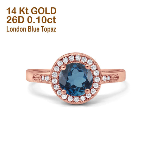 14K Rose Gold 0.94ct Round Art Deco 6mm G SI London Blue Topaz Diamond Engagement Wedding Ring Size 6.5