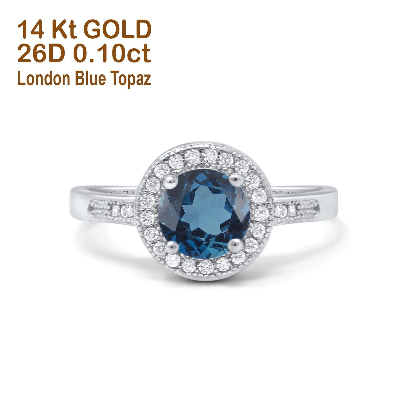 14K White Gold 0.94ct Round Art Deco 6mm G SI London Blue Topaz Diamond Engagement Wedding Ring Size 6.5