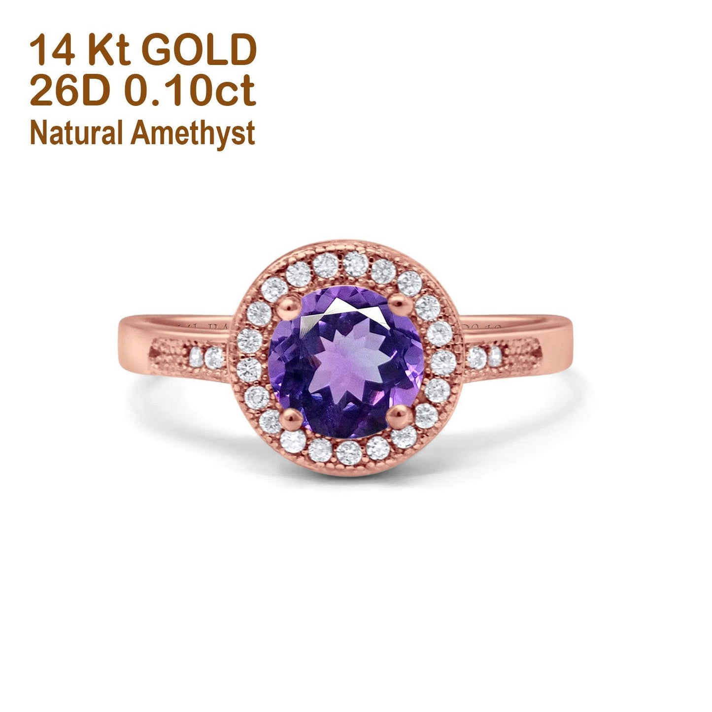 14K Rose Gold 0.94ct Round Art Deco 6mm G SI Natural Amethyst Diamond Engagement Wedding Ring Size 6.5