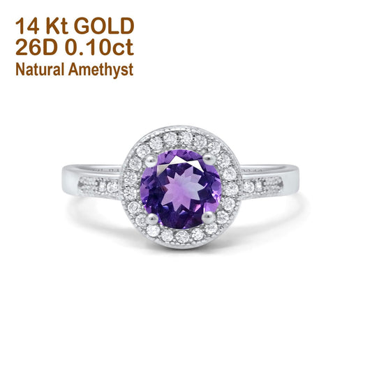 14K White Gold 0.94ct Round Art Deco 6mm G SI Natural Amethyst Diamond Engagement Wedding Ring Size 6.5