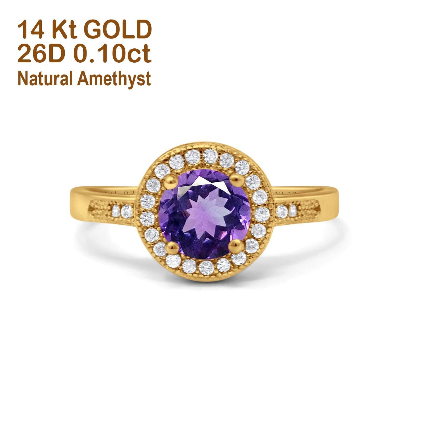 14K Yellow Gold 0.94ct Round Art Deco 6mm G SI Natural Amethyst Diamond Engagement Wedding Ring Size 6.5