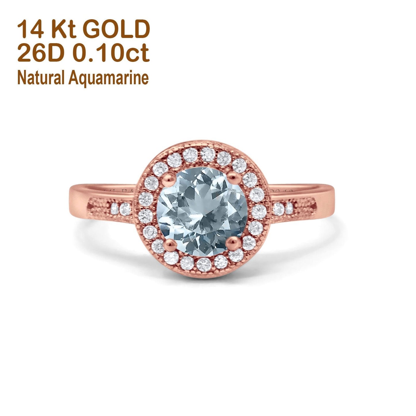 14K Rose Gold 0.94ct Round Art Deco 6mm G SI Natural Aquamarine Diamond Engagement Wedding Ring Size 6.5