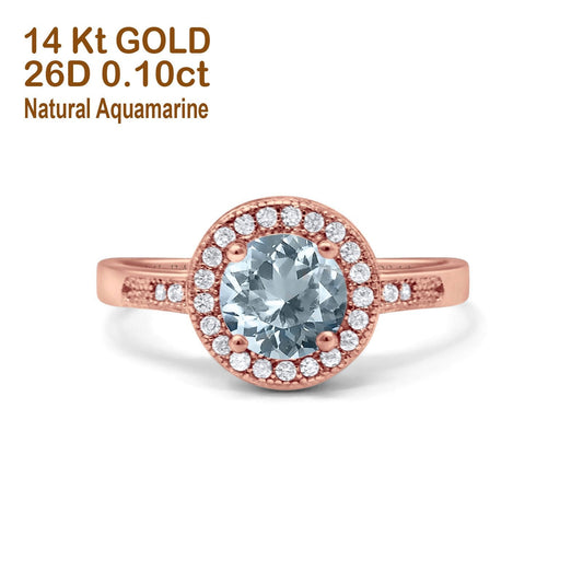 14K Rose Gold 0.94ct Round Art Deco 6mm G SI Natural Aquamarine Diamond Engagement Wedding Ring Size 6.5