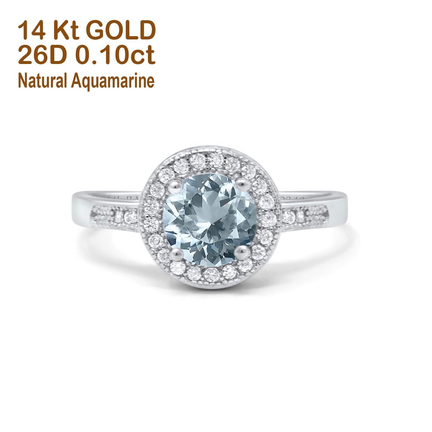 14K White Gold 0.94ct Round Art Deco 6mm G SI Natural Aquamarine Diamond Engagement Wedding Ring Size 6.5