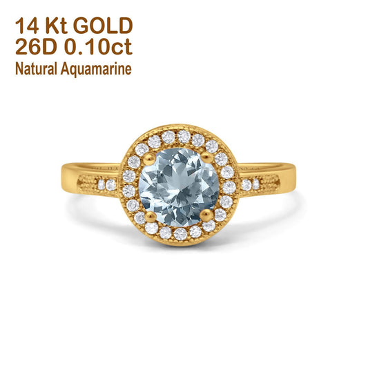 14K Yellow Gold 0.94ct Round Art Deco 6mm G SI Natural Aquamarine Diamond Engagement Wedding Ring Size 6.5