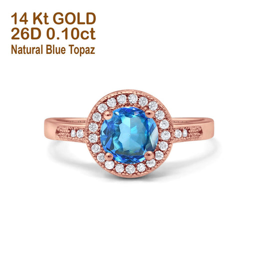 14K Rose Gold 0.94ct Round Art Deco 6mm G SI Natural Blue Topaz Diamond Engagement Wedding Ring Size 6.5