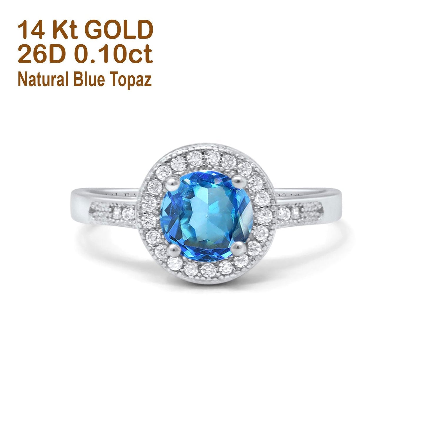 Bague de fiançailles en or blanc 14 carats 0,94 ct Art déco ronde 6 mm G SI avec topaze bleue naturelle et diamant taille 6,5