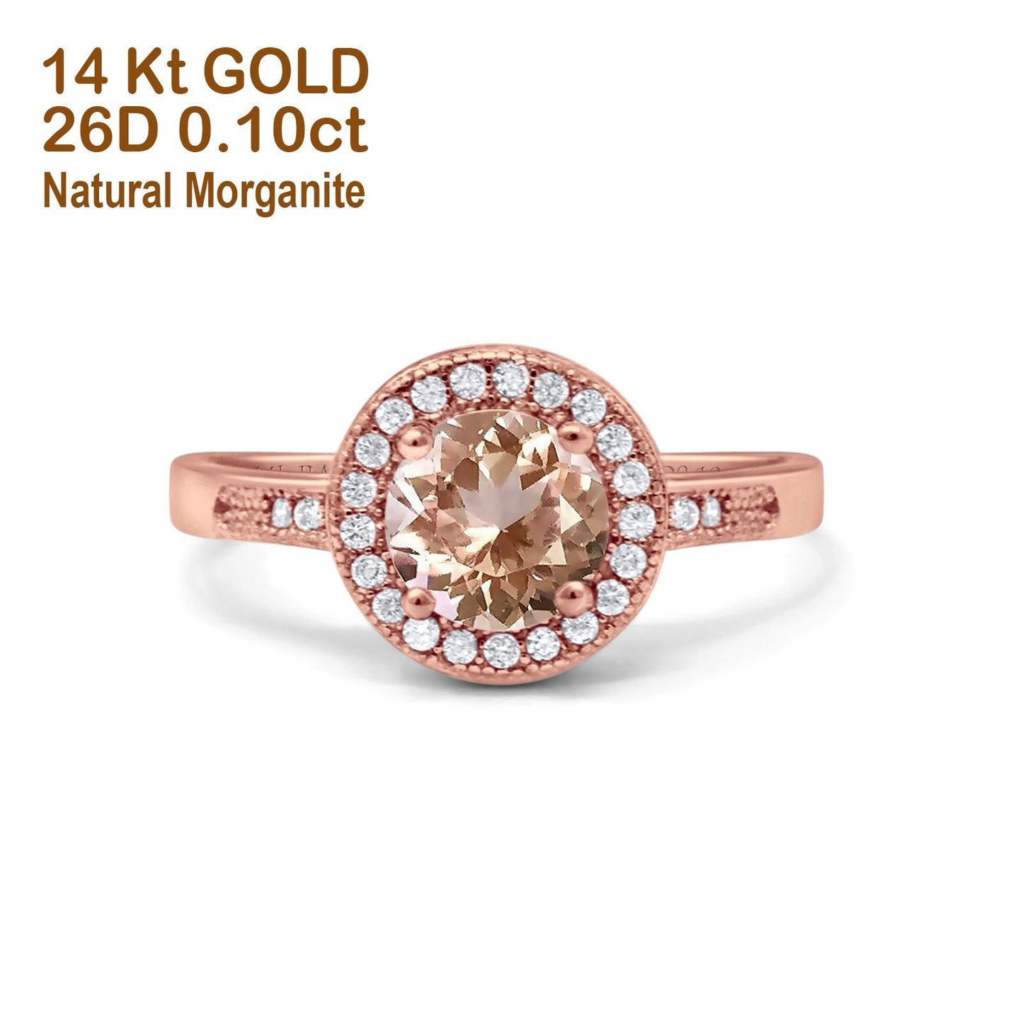 14K Rose Gold 0.94ct Round Art Deco 6mm G SI Natural Morganite Diamond Engagement Wedding Ring Size 6.5