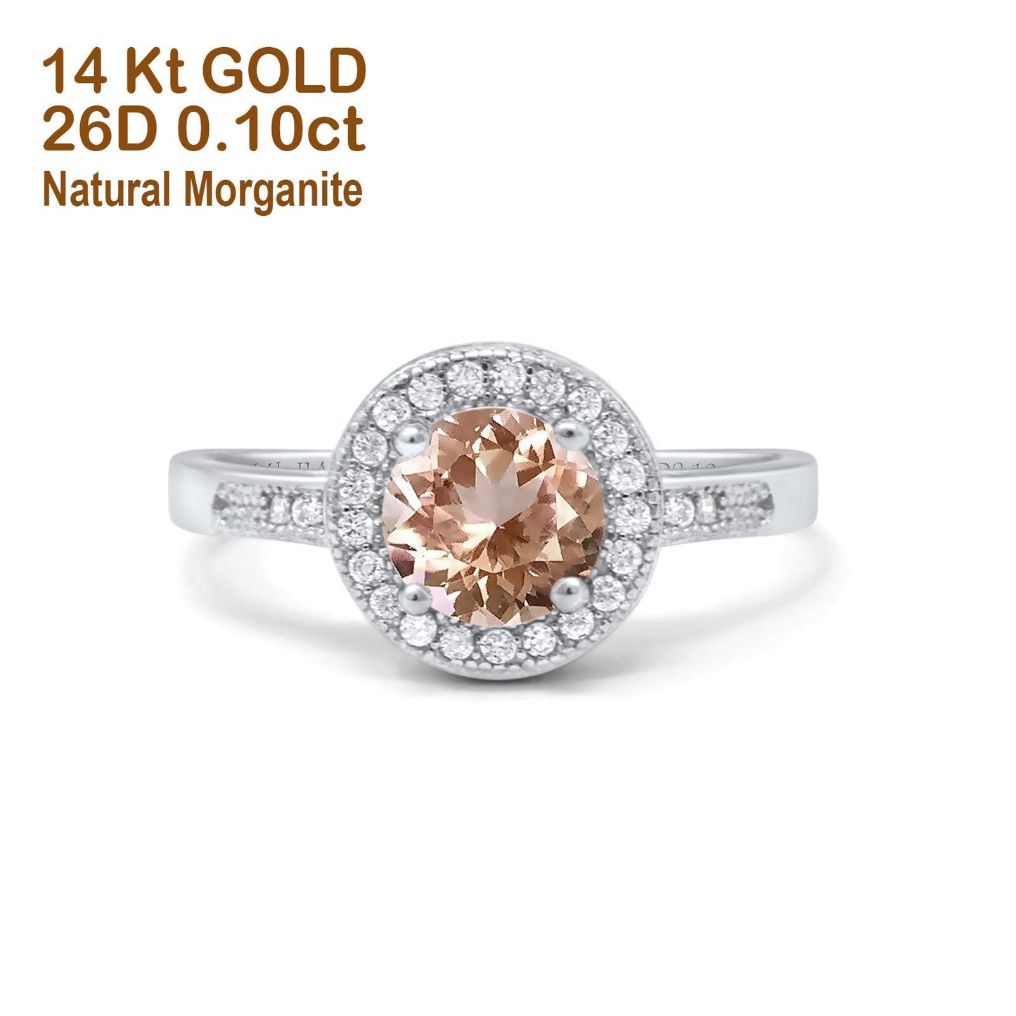 14K White Gold 0.94ct Round Art Deco 6mm G SI Natural Morganite Diamond Engagement Wedding Ring Size 6.5