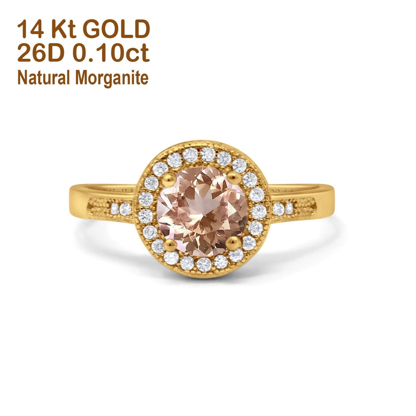 14K Yellow Gold 0.94ct Round Art Deco 6mm G SI Natural Morganite Diamond Engagement Wedding Ring Size 6.5